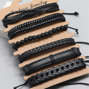 6pcs Vintage Black Woven Leather Bracelet DIY Combination Set For Men