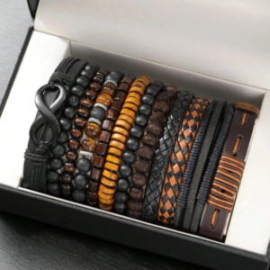 12pcs/Set Men's Vintage Casual Beaded PU Leather Bracelet Set, Suitable For Daily, Outdoor, Sports, Fashionable Boyfriend Gift
